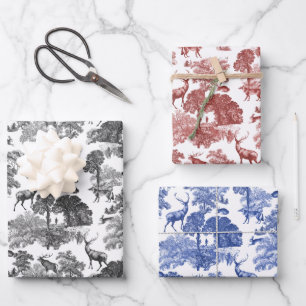 Eleganter Vintager Toile Deer Fox in Woods Geschenkpapier Set