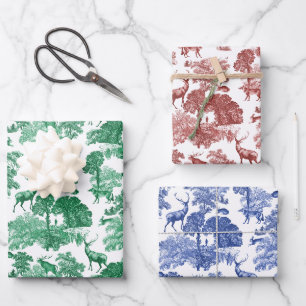 Eleganter Vintager Toile Deer Fox in Woods Wra Geschenkpapier Set
