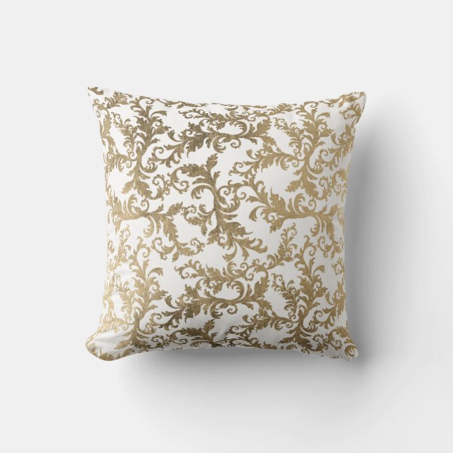 Eleganter Vintager weißes Goldblumendamast Kissen (Vorderseite)