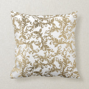 Eleganter Vintager weißes Goldblumendamast Kissen