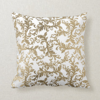 Eleganter Vintager weißes Goldblumendamast Kissen