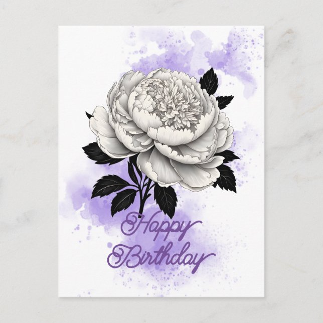Eleganter Vintager White Peony Lila Splash Geburts Postkarte (Vorderseite)