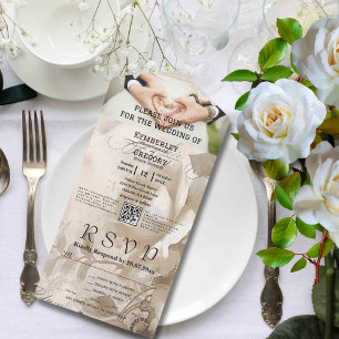 Eleganter Vintager White Rose Foto QR Code All In One Einladung