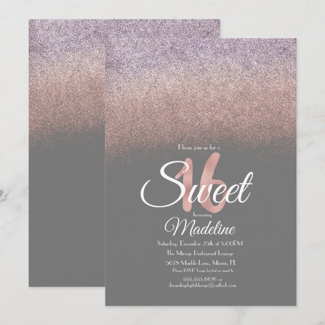 Eleganter Violet Blush Pink Ombre Glitzer Sweet 16 Einladung (Vorne/Hinten)