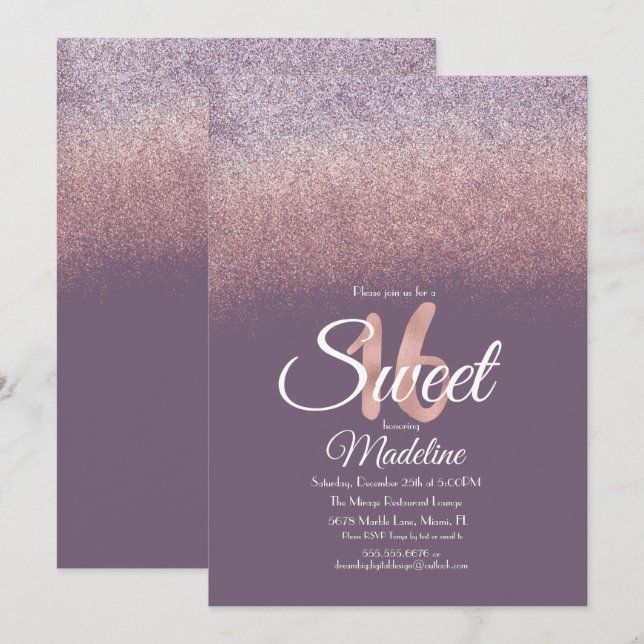 Eleganter Violet Blush Pink Ombre Glitzer Sweet 16 Einladung (Vorne/Hinten)