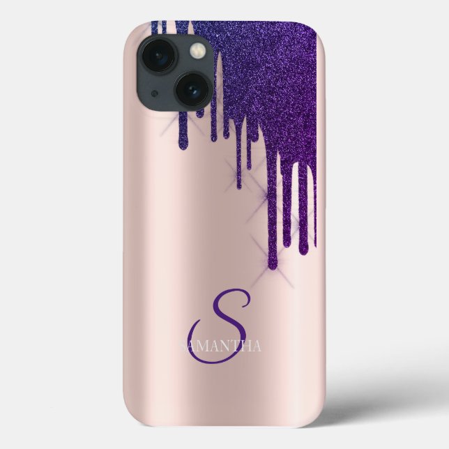 Eleganter Violet Glitzer Tropfen Rose Gold Case-Mate iPhone Hülle (Rückseite)