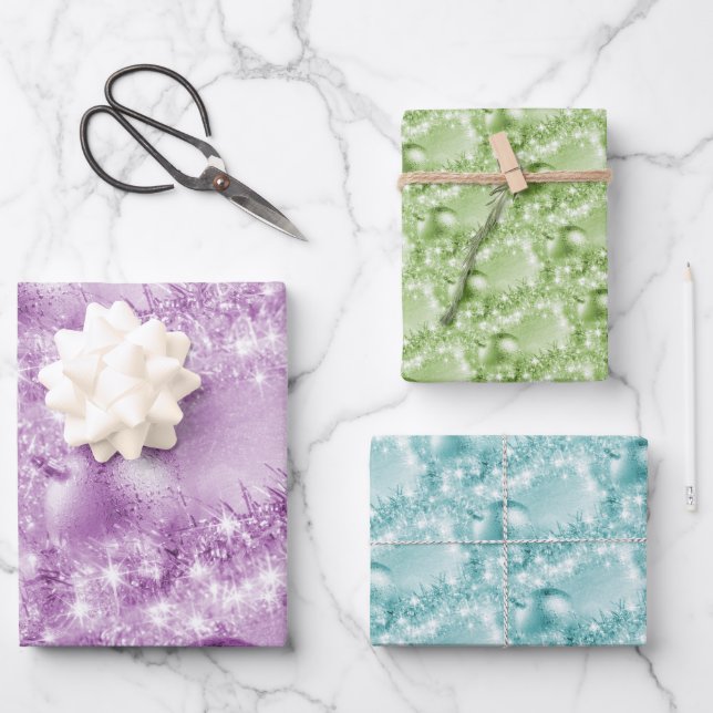 Eleganter Violet, Grün und Türkis Weihnachtsball Geschenkpapier Set (Vorderseite)