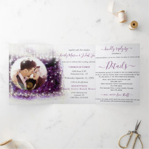 Eleganter violetter Amethyst-Kristall-Geoden-Hochz Dreifach Gefaltete Einladung