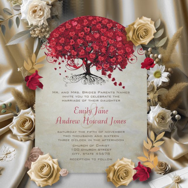 Eleganter Wald Red Heart Leaf Tree Wedding Einladu Einladung (Von Creator hochgeladen)