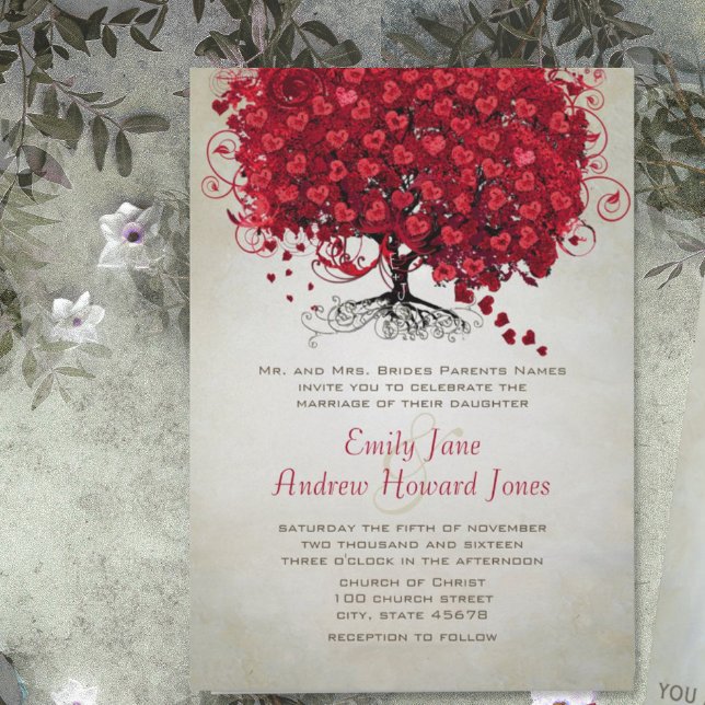 Eleganter Wald Red Heart Leaf Tree Wedding Einladu Einladung (Von Creator hochgeladen)