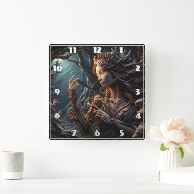 Eleganter Waldgeist aus Holz bei Dämmerung Quadratische Wanduhr (Zuhause)