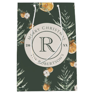 Eleganter waldgrüner Winter Mit Monogramm Mittlere Geschenktüte