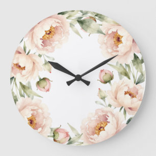 Eleganter Wasserfarbe-Blush-Pfingstrosen-Blumenhin Große Wanduhr