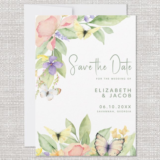 Eleganter Wasserfarben-Blumen-Schmetterlingsgarten Save The Date (Von Creator hochgeladen)