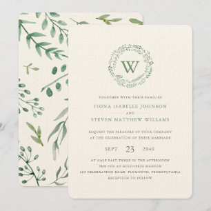 Eleganter Wasserfarben-Grünkränze-Hochzeit Einladung