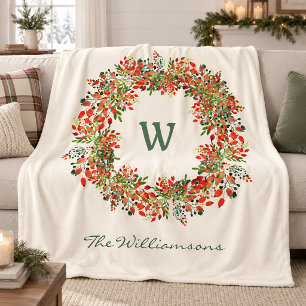 Eleganter Wasserfarben-Grünkränze-Monogramm indivi Fleecedecke
