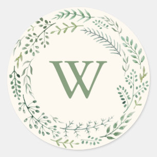 Eleganter Wasserfarben-Grünkränze-Monogramm Runder Aufkleber