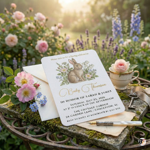 Eleganter Wasserfarben-Hase und wilder Blumengarte Einladung