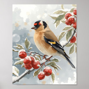 Eleganter Wasserfarben-Stieglitz mit frostigen rot Poster