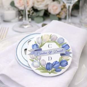 Eleganter Wasserfarben-Tulpen-Kranz Hochzeit Blau Flaschenöffner