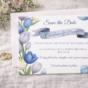 Eleganter Wasserfarben-Tulpenkranz Hochzeit Blau E Save The Date