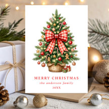 Eleganter Wasserfarben-Weihnachtsbaum mit roter Gi