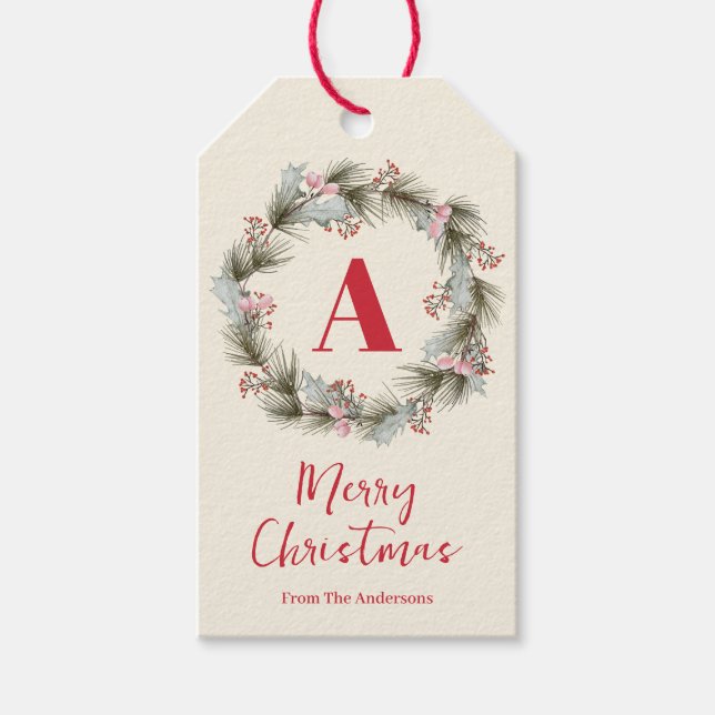 Eleganter Wasserfarben-Weihnachtskranz-Monogramm Geschenkanhänger (Vorderseite)