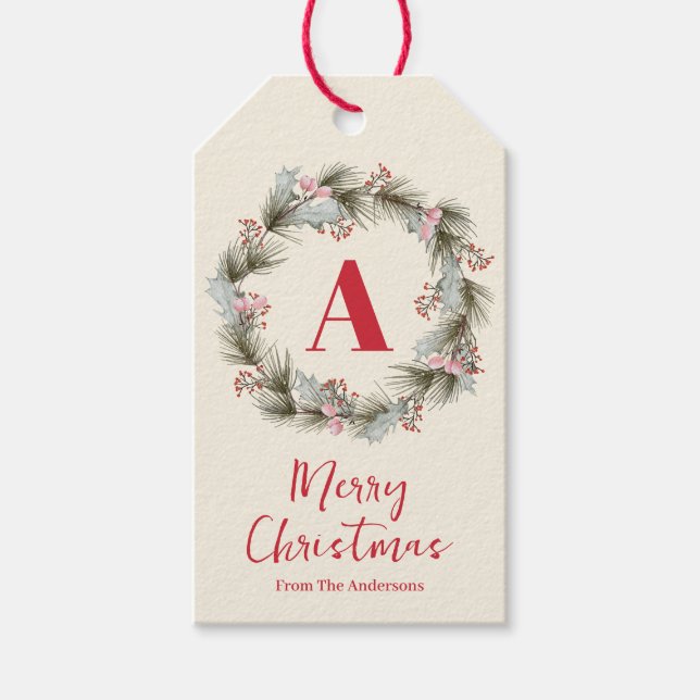 Eleganter Wasserfarben-Weihnachtskranz-Monogramm Geschenkanhänger (Vorderseite)