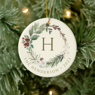 Eleganter Wasserfarben-Weihnachtskranz-Monogramm Keramik Ornament
