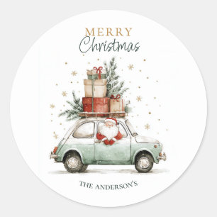Eleganter Wasserfarben-Weihnachtsmann-Auto-Schnee  Runder Aufkleber