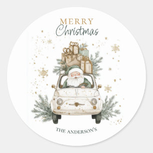 Eleganter Wasserfarben-Weihnachtsmann-Auto-Schnee  Runder Aufkleber