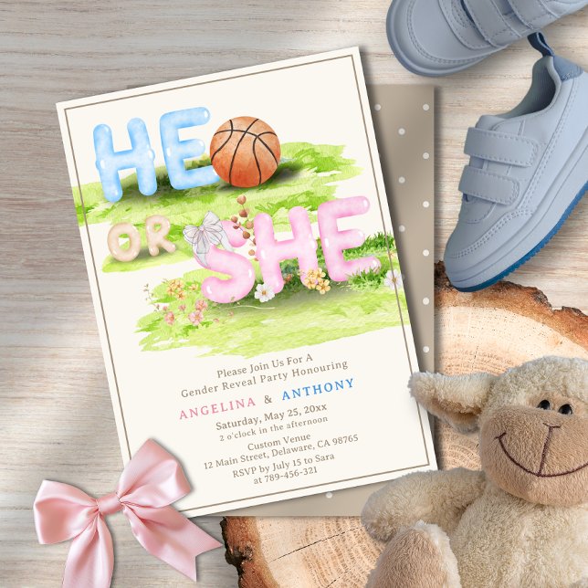 Eleganter Watercolor Basketball Bow He or She Einladung (Elegant Watercolor Basketball Bow He or She Invitation)
