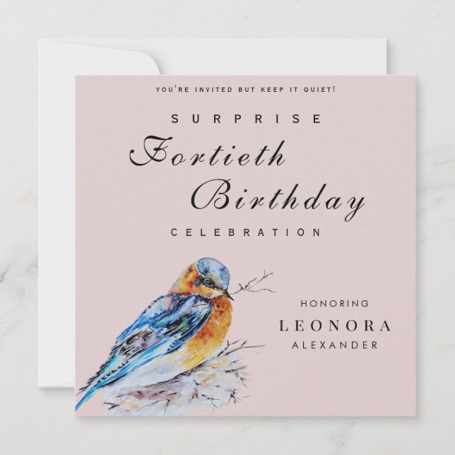 Eleganter Watercolor Bluebird Überraschung Geburts Einladung (Vorderseite)