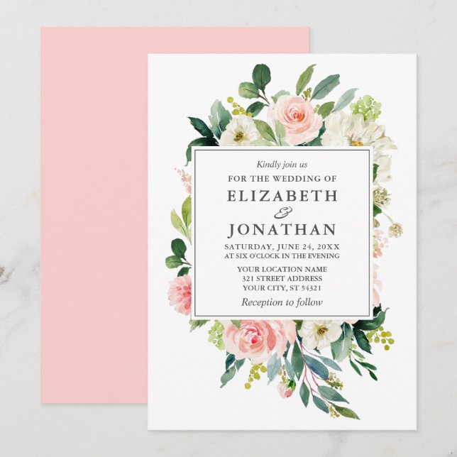 Eleganter Watercolor Blumenrahmen Hochzeitsrosa Einladung (Vorne/Hinten)