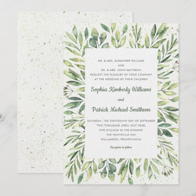 Eleganter Watercolor Foliage Spritzer Einladung (Vorne/Hinten)