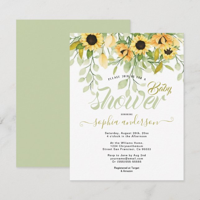 Eleganter Watercolor Garden Sunflowers Babydusche Einladung (Vorne/Hinten)