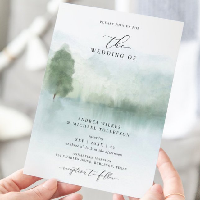 Eleganter Watercolor Lake und Bäume Hochzeit Einladung (Von Creator hochgeladen)
