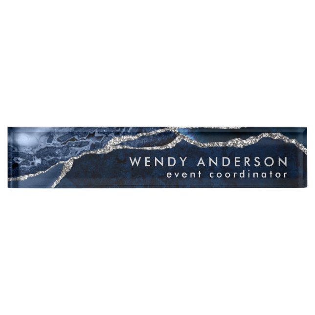 Eleganter Watercolor Navy Blue Silver Glitzer Agat Namensplakette (Vorderseite)