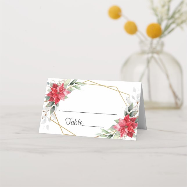 Eleganter Watercolor Red Poinsettia Hochzeitstisch Platzkarte (Vorderseite)