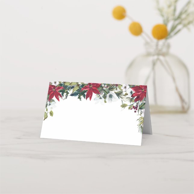 Eleganter Watercolor Red Poinsettia Hochzeitstisch Platzkarte (Vorderseite)