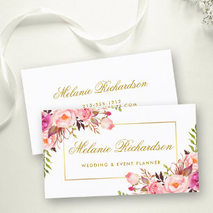 Eleganter Watercolor Rosa Floral- und Goldrahmen Visitenkarte
