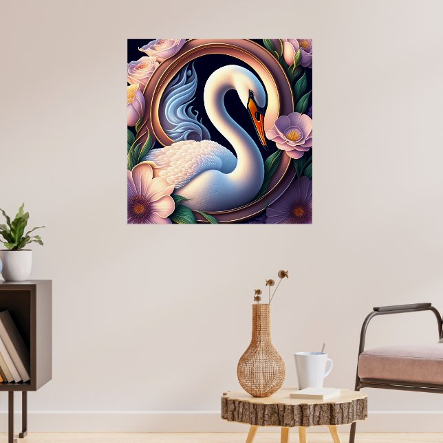 Eleganter Watercolor Schwan in orientalischer Blum Poster (Wohnzimmer 3)