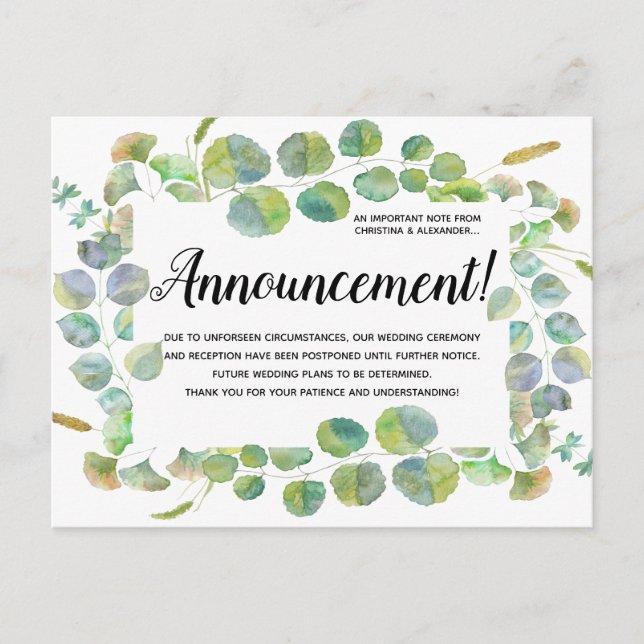 Eleganter Wechsel des Plans für Hochzeiten stornie Postkarte (Vorderseite)