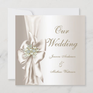 Eleganter Wedding Damask Pearl Cream White Bow Einladung