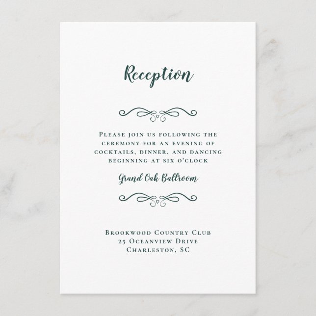 Eleganter Wedding Empfang Emerald Green White Chic Begleitkarte (Vorderseite)