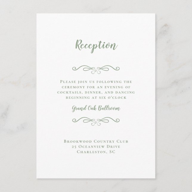 Eleganter Wedding Empfang Sage Green White Chic E Begleitkarte (Vorderseite)
