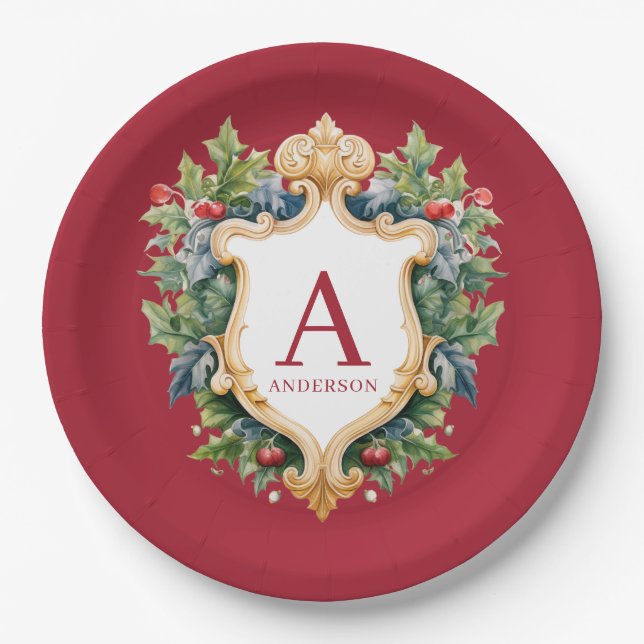 Eleganter Weihnachts-Monogramm-Brief Pappteller (Vorderseite)