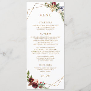 Eleganter Weihnachts-Winter Hochzeit Burgund Gold Menükarte