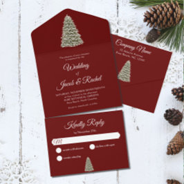 Eleganter Weihnachtsbaum auf Burgundy Red Wedding All In One Einladung