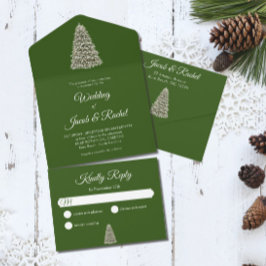 Eleganter Weihnachtsbaum auf dunkelgrüner Hochzeit All In One Einladung
